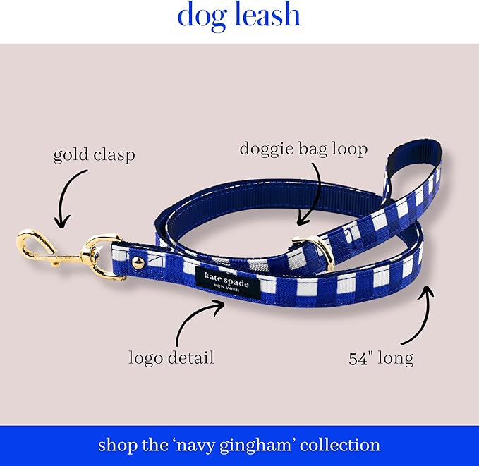 Kate Spade New York 4.5ft Dog Leash, Heavy Duty Leash for Female or Male Dogs, Cute Pet Leash with Gold Metal Hardware, Long Dog Lead for Small and Medium Breeds (Navy Gingham)