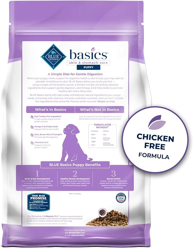 Blue Buffalo Basics Dry Dog Food for Puppies, Skin & Stomach Care, Limited Ingredient Diet for Dogs, Turkey Recipe, 11-lb. Bag