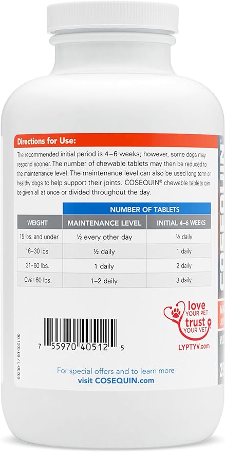Nutramax Laboratories Cosequin Maximum Strength Joint Health Supplement for Dogs - With Glucosamine, Chondroitin, and MSM, 250 Chewable Tablets