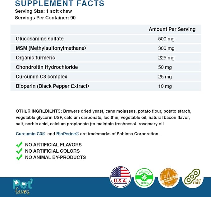 Natural Dog Hip & Joint Supplement for Dogs Arthritis Pain Relief. Turmeric Curcumin with Black Pepper for Anti Inflammatory. Tumeric MSM Glucosamine Chondroitin for Dogs Healthy Joints - 90 Chews