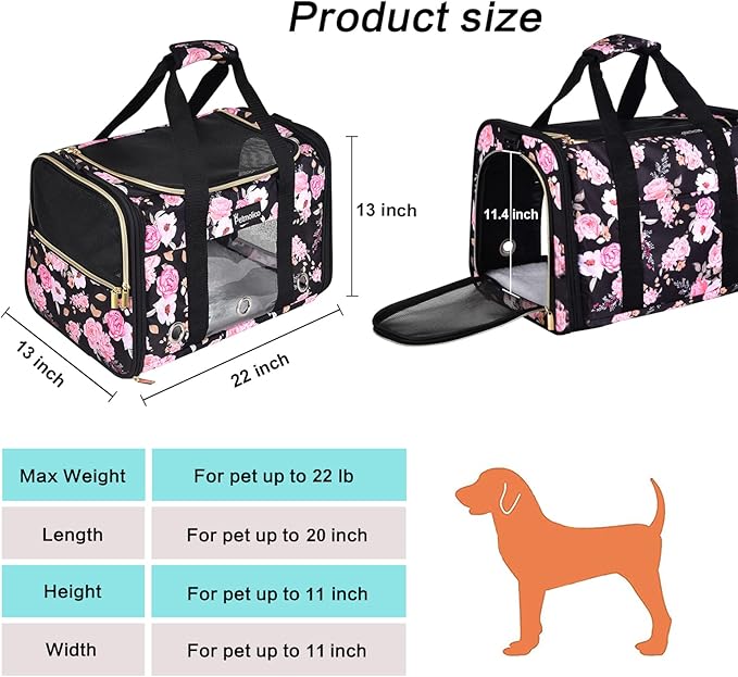 Petmolico Cat Carrier Dog Carrier, Soft Pet Travel Carrier with 3 Open Doors Mesh Windows for Cats Puppy 22 lbs, Pink Peony, Large