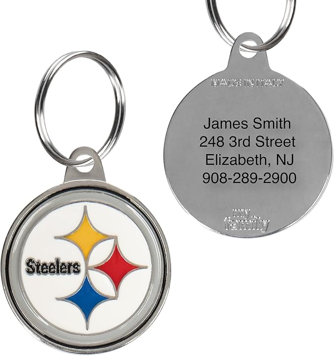 NFL Pittsburgh Steelers Engraving Pet ID Tags in 32 Team Logo Shapes Personalized Dog Tags and Cat Tags with 3 Lines of Customizable Text for Tracking & Safety. Stainless Steel Pet ID Tracking Tags
