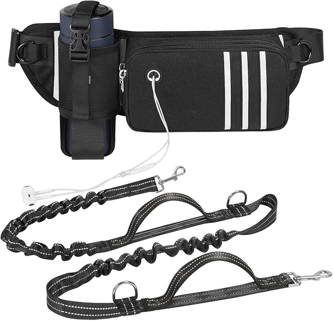 Pawaboo Hands Free Dog Leash with Waist Bag, Dog Leash with Zipper Pouch, Retractable Dog Running Belt Bag, Dog Walking Leash Shock Absorption, Padded Handle Lead for Jogging Hiking (25-120 lbs)