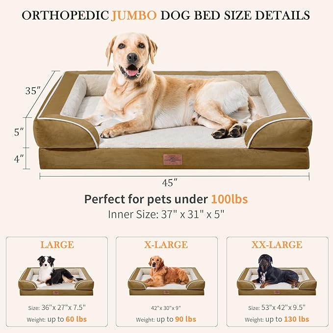 Jumbo Dog Bed Orthopedic Foam, Waterproof Dog Bed for Jumbo Breed Dogs, PV Washable Dog Sofa Bed with Removable Cover & Non-Slip Bottom(Jumbo,Khaki)
