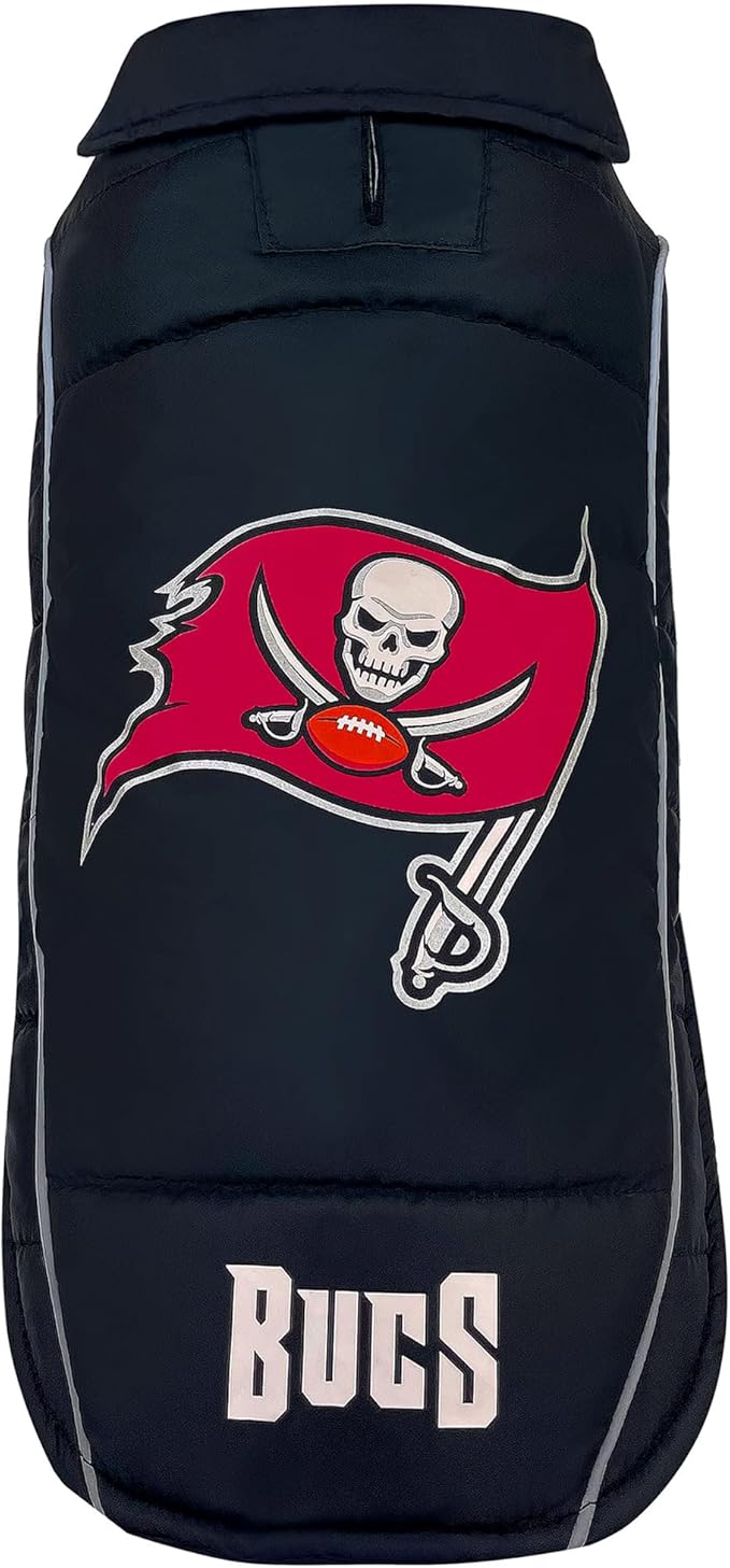 NFL Tampa Bay Buccaneers Puffer Vest for Dogs & Cats, Size Large. Warm, Cozy, and Waterproof Dog Coat, for Small and Large Dogs/Cats. Best NFL Licensed PET Warming Sports Jacket