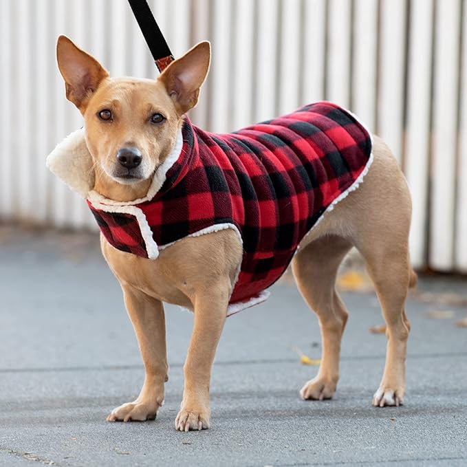Furhaven Reversible Small Dog Coat, Washable & Insulating w/ Leash Access - Sherpa & Plaid Fleece Flex-Fit Jacket - Cream/Red, Small