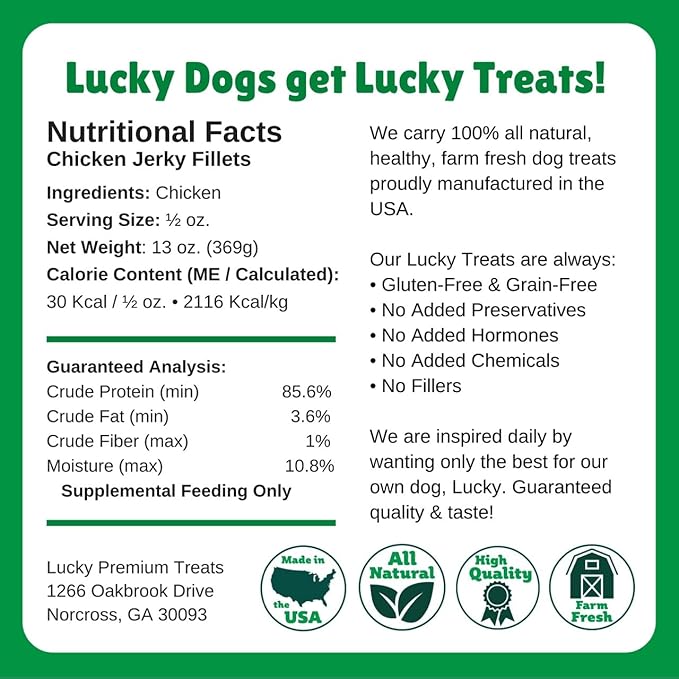 Lucky Premium Treats Chicken Jerky Fillets – Chicken Jerky Dog Treats Made with Sliced Lean Dehydrated Chicken Breast (13 oz)
