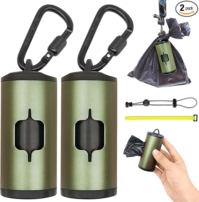 2 Pack Metal Dog Poop Bags Holder Aluminum Poo Bags Dispenser with 30 Black Unscented Pet Waste Bags and 3 Leash Accessories for Dog Walking(2 Holders 30 Bags,Dark Green)