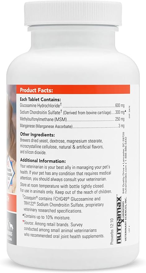 Nutramax Laboratories Cosequin Maximum Strength Joint Health Supplement for Dogs - With Glucosamine, Chondroitin, and MSM, 60 Chewable Tablets
