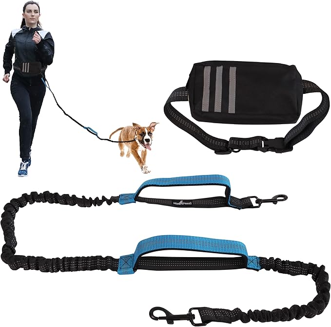 Hands Free Dog Leash with Waist Bag Fanny Pouch, Double Padded Handles, Adjustable Belt, Bungee Cord, Blue