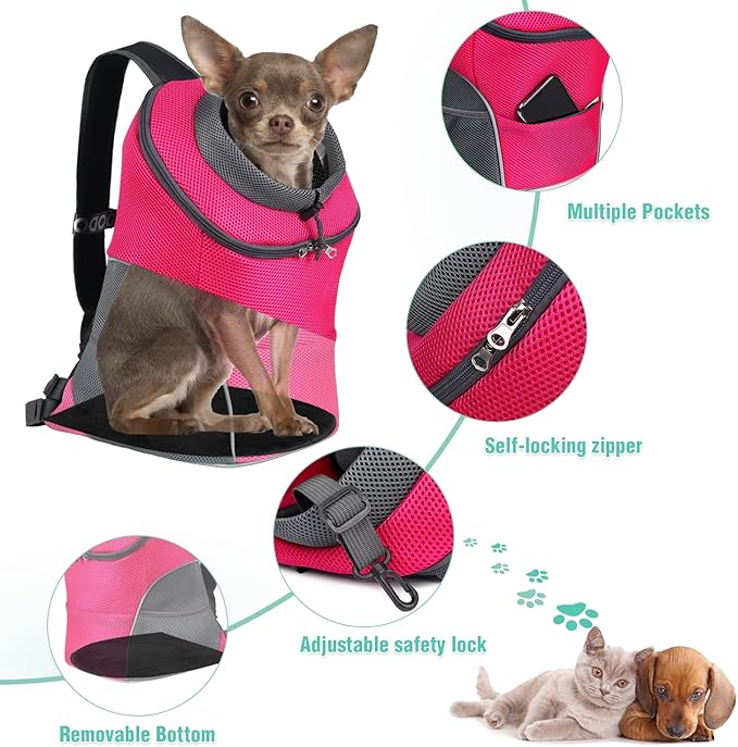 YUDODO Pet Dog Backpack Carrier with Storage Pockets Dog Front Pack for Small Dogs Cats Head Out Breathable Chihuahua Backpack for Hiking Cycling Walking (M(4.5-9lbs), Rose)