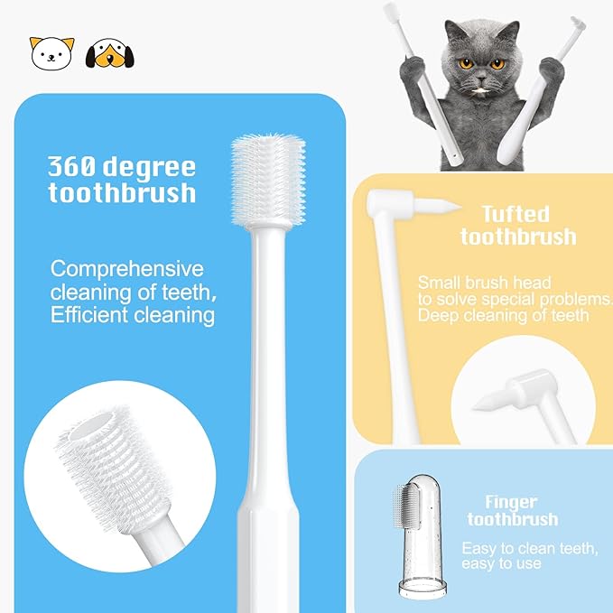 Cat Toothbrush Kit, Dog Toothbrush Kit, Suitable for All Cats and Dogs Dental Care. White, Soft Bristles, Meet All Cleaning Needs, Multi-Functional Dental Cleaning (S)