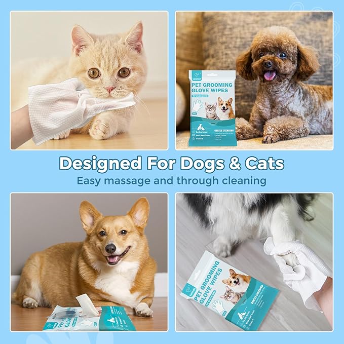 Pet Bathing Wipes for Dogs & Cats, Cleaning & Deodorizing Grooming Gloves, Nourish Fur Glove Wipes for Daily Care and Traveling, Rinse Free,4 Pack, 24 PCS