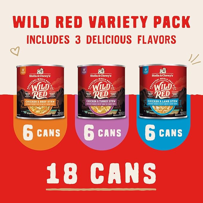 Stella & Chewy's Wild Red Stew High Protein Wet Dog Food Large Variety Pack Bundle, 10 Ounce Cans (Pack of 18)