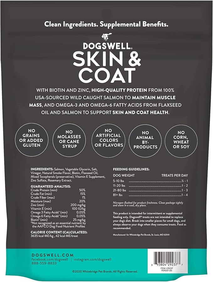 Dogswell Skin and Coat Grain-Free Salmon Jerky for Dogs, 10 Ounces, Model: 842225