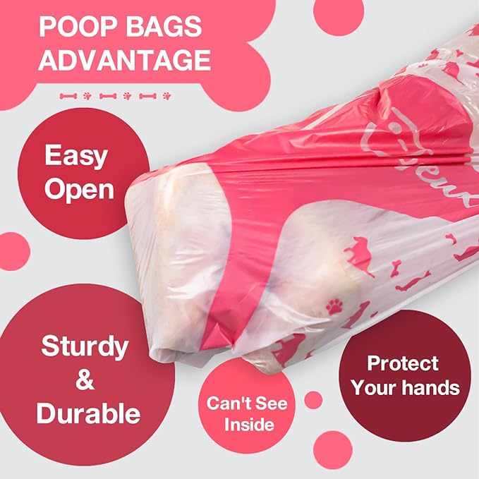 Dog Poop Bags Rolls with Dispenser, Leak Proof, Extra Thick Doggie Pet Waste Bags, 360 Count Poop Bag and Doggy Holder for Dogs Cats, Unscented, Pink