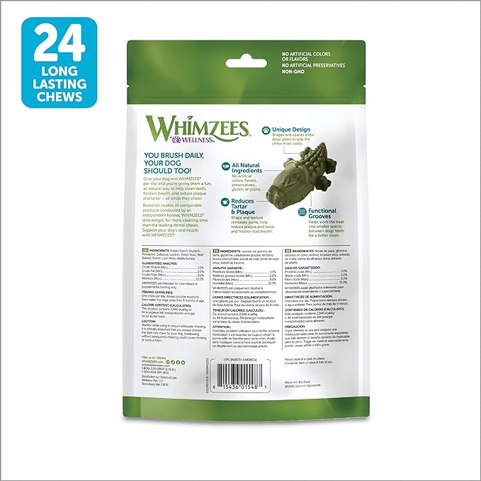 WHIMZEES by Wellness Alligator Natural Dental Chews for Dogs, Long Lasting Treats, Grain-Free, Freshens Breath, Small Breed, 24 count