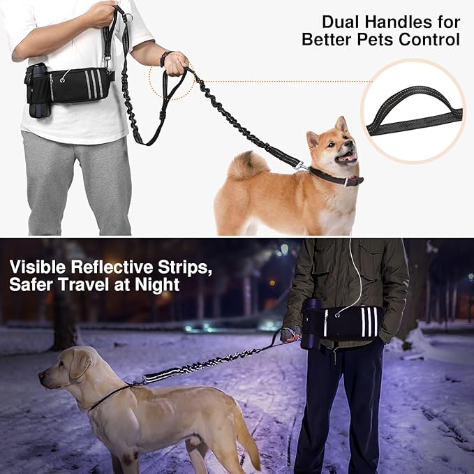 Pawaboo Hands Free Dog Leash with Waist Bag, Dog Leash with Zipper Pouch, Retractable Dog Running Belt Bag, Dog Walking Leash Shock Absorption, Padded Handle Lead for Jogging Hiking (25-120 lbs)