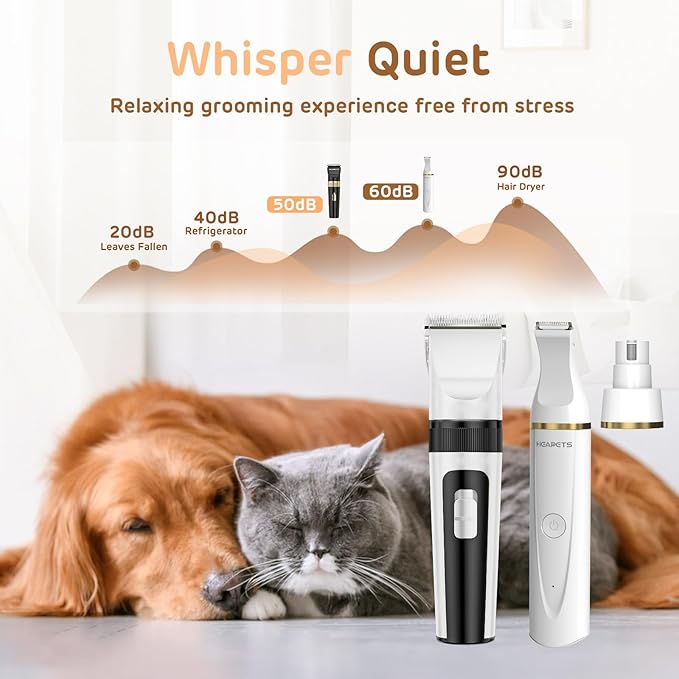 Dog Hair Clippers for Grooming Kit and Dog Paw Trimmer for Grooming, Low Noise Rechargeable Cordless, Shaver Grooming Supplies for Pet Cats Dogs (White, White)