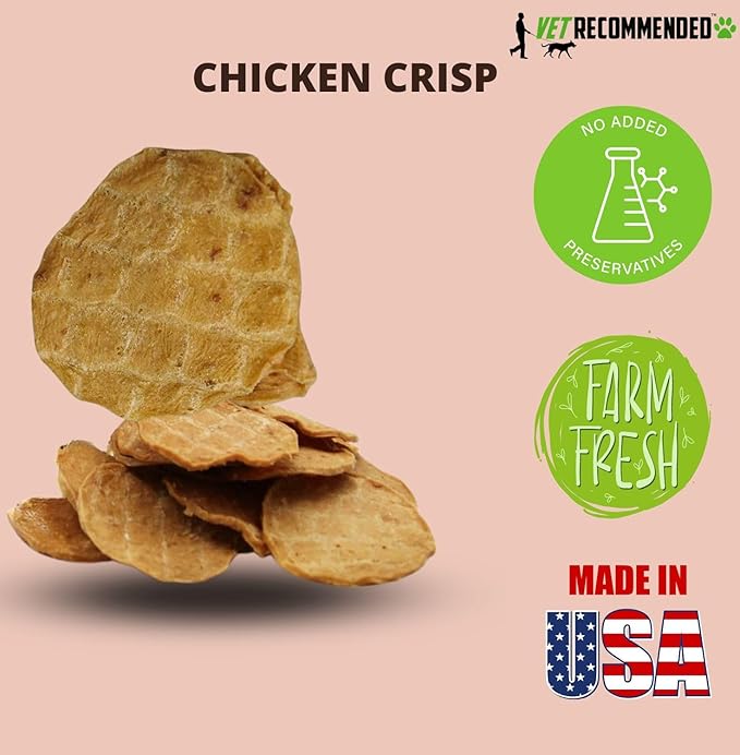 Premium Chicken Crisp Chips for Dogs Small, Medium and Large | 8oz Bag | No Artificial Preservatives, Colors or Flavors | Natural Treats - Dehydrated Chicken Jerky - Made in USA