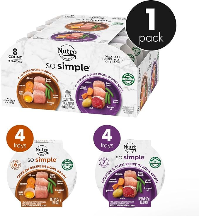 Nutro So Simple Meal Complement Wet Dog Food Chicken and Chicken & Duck Recipes in Bone Broth Variety Pack, 2 oz. Tubs, Pack of 8