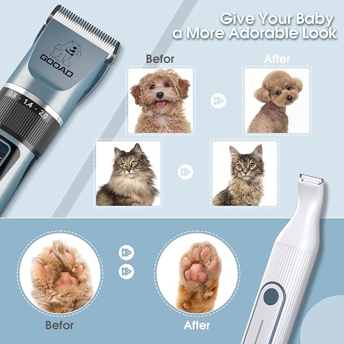 Dog Clippers Grooming Kit for Thick Hair&Coats -4 in 1Low Noise -Rechargeable-Cordless Quiet Paw Trimmer Nail Grinder, Dog Trimmer Grooming,Pet Hair Shaver for Small and Large Dogs Cats