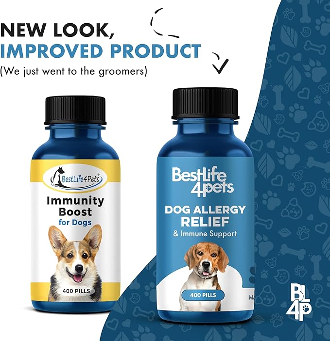 BestLife4Pets Dog Allergy Relief & Immune Support - Natural Holistic Remedy for Itchy Skin Conditions, Seasonal Allergies, Licking, Sneezing, Congestion and Scratching - 400 Odorless, Tasteless Pills