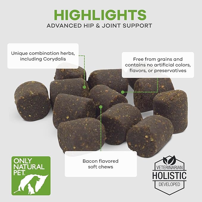 Only Natural Pet Get Up & Go Herbal Joint Support Supplement for Dogs - Holistically Formulated with Corydalis & Turmeric Hip & Joint Daily Vitamin for Senior Dog - Bacon Flavor - 60 Soft Chews