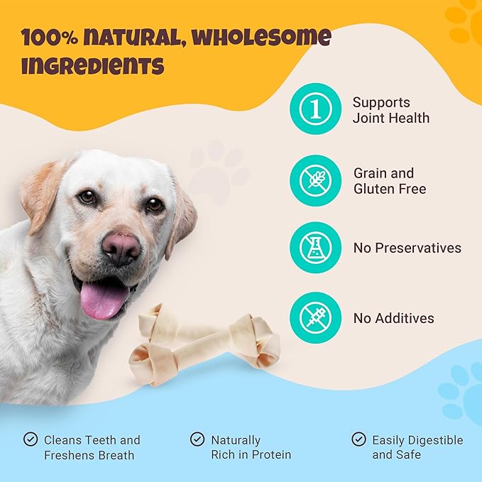 Natural Rawhide Bones for Dogs, Long Lasting Dog Chews, White Knotted Bones Chew Treats 6”-7” (Pack of 5) (50860)
