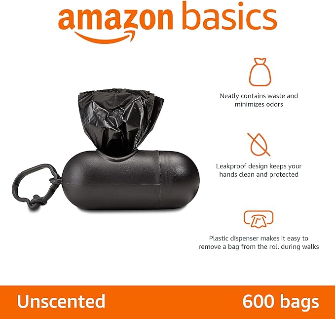 Amazon Basics Dog Poop Leak Proof Bags With Dispenser and Leash Clip, Unscented, 600 Count, 40 Pack of 15, Black, 13 Inch x 9 Inch