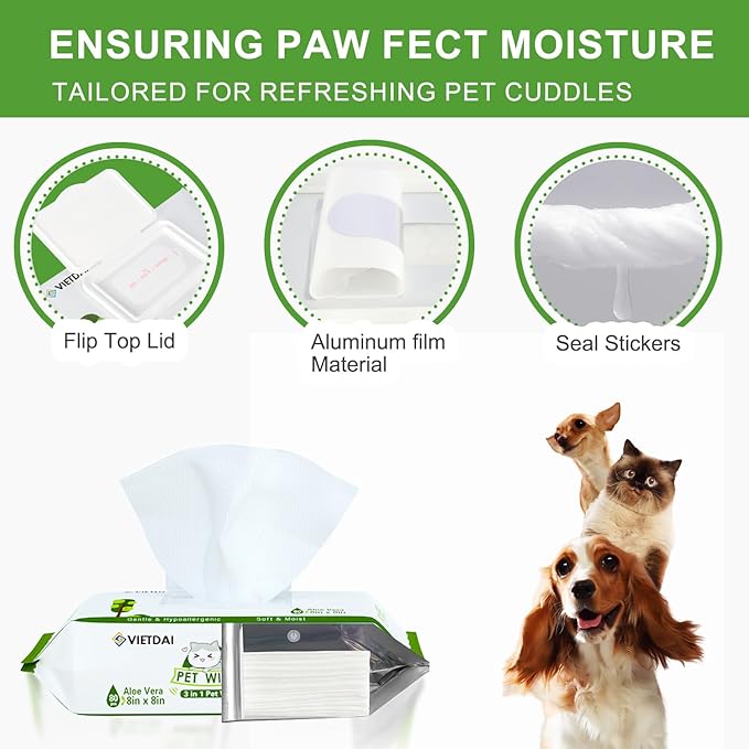 VIETDAI Dog Wipes for Paws and Butt Cleaning Deodorizing Pet Grooming Bath Wipes with Aloe Vera and Vitamin E Hypoallergenic Cat Wipes for Eyes Ears Face Body Fur - 400 Count Puppy Wipes