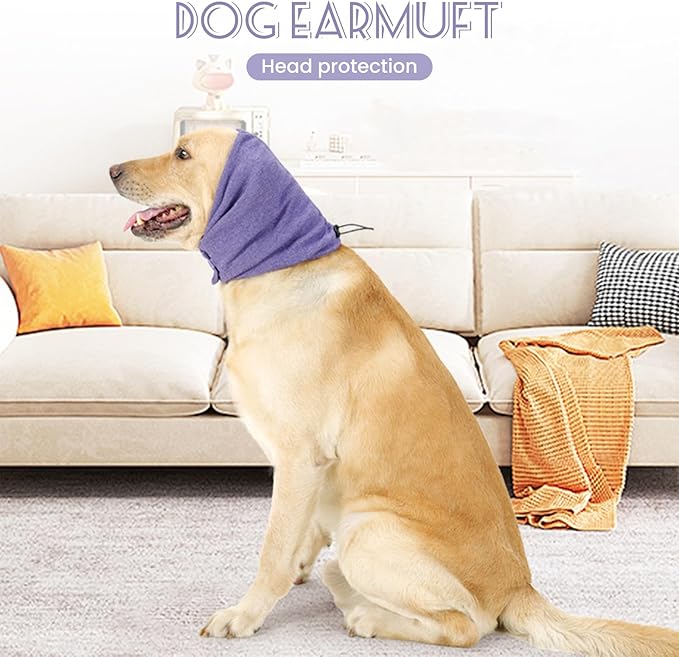 Dog Ear Cover for Anxiety Relief, Dog Ear Muffs, Dog Calming Hoodie Head Cover Sleeves with Velcro, Pet Cats and Dogs Ear Protector, and Bathing Warm Winter Dog Ear Scarf(Purple, S)