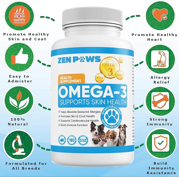 Omega 3 Fish Oil for Dogs - 180 Count Tablet Treats – Helps Shedding, Skin Allergy, Itch and Dry Skin Relief, Hot Spots - Joint Health - Skin and Coat Supplement - Salmon Oil - Duck Flavor
