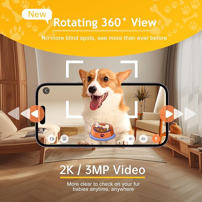 Pet Camera Dog Treat Dispenser: 2K Video Two Way Audio 360 Automatic Tracking for Cat Dogs - 5g WiFi Remote View and Bark Alert on Phone App Compatible with Alexa & Google Assistant