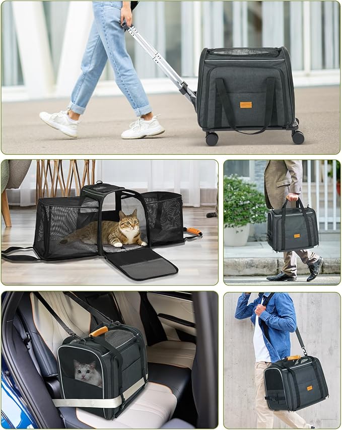 Morpilot Cat Carrier with Wheels - Cat Carrier Soft & Expandable, Rolling Dog & Cat Carrier for Medium Cats and Dogs Under 15LBS, Pet Carrier with Wheels on Upgraded Wheels and Telescopic Handle