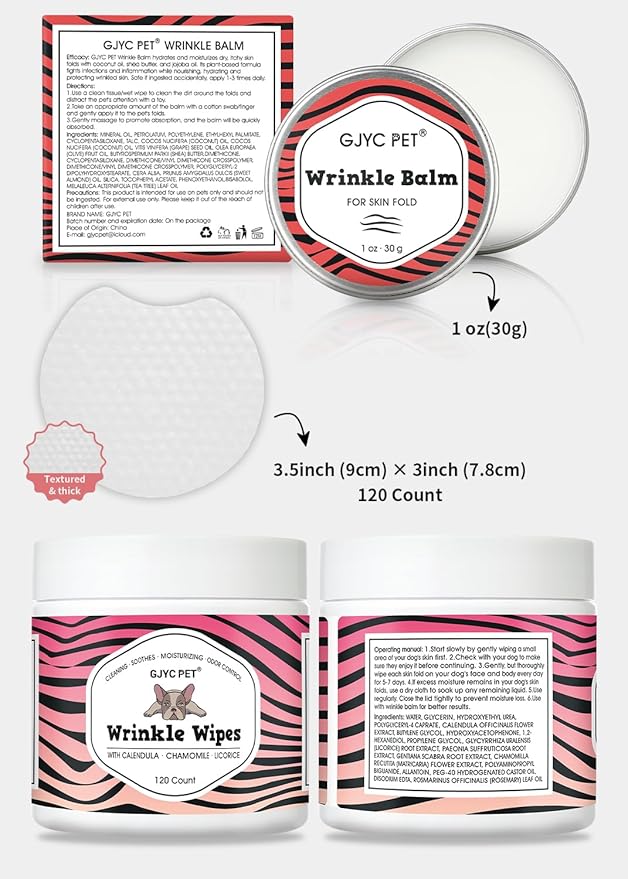 Wrinkle Wipes + Wrinkle Balm for Dogs | Bulldog, French Bulldog, Pug, English Bulldog | Cleans & Soothes Wrinkles, Folds, Tear Stain, Tail Pockets & Paws