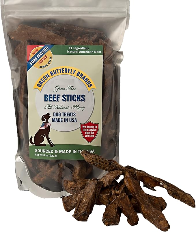 Meaty Beef Sticks – Human Grade, Grain Free, All Natural Beef Dog Treats Made in USA – Premium Slow Roasted American Beef – Grass Fed, Farm Raised – Crunchy Training Treat 8 Oz