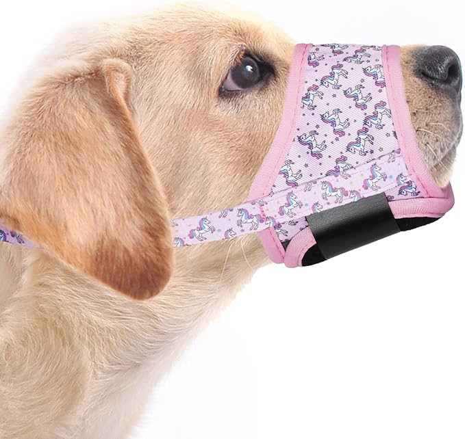 LUCKYPAW Dog Muzzle, Soft Dog Muzzles for Small Medium Large Dogs, Breathable Muzzles to Stop Biting and Chewing with Pattern, Allows Panting and Drinking(Pink Unicone,M)