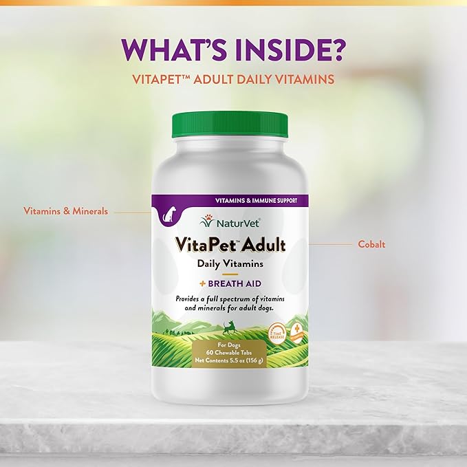 NaturVet VitaPet Adult Daily Vitamins for Dogs With Breath Aid – Includes Full Spectrum of Vitamins, Minerals, Omega-6 Fatty Acids, Parsley – Designed for Dogs Over 1 Year – 60 Ct.