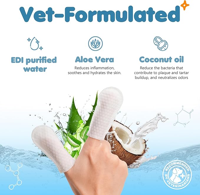 3-in-1 Pet Finger Wet Wipes for Dogs & Cats, Soft Disposable Finger Towels for Eye, Ear, & Dental Care, Freshen Breath with Deep Teeth Cleaning Support, Pack of 70