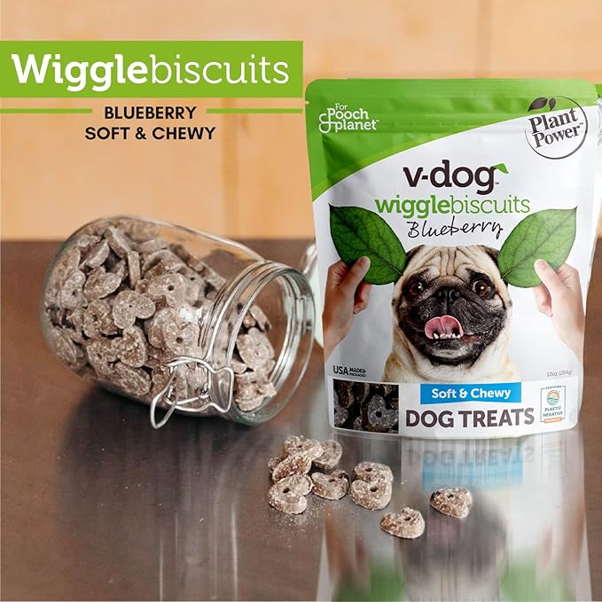 V-dog Vegan Soft and Chewy Wiggle Dog Biscuits - Dog Training Treats - Small, Medium and Large Breeds - Natural Blueberry Flavor Superfoods - 10 ounce - All Natural - Made in The USA