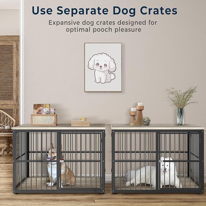 77.64''Dog Crate Furniture Large Breed TV Stand with Double Rooms,Wooden Dog Kennel Dog Crate End Table with Removable Divider for Large Medium Dogs, Can Use Separately