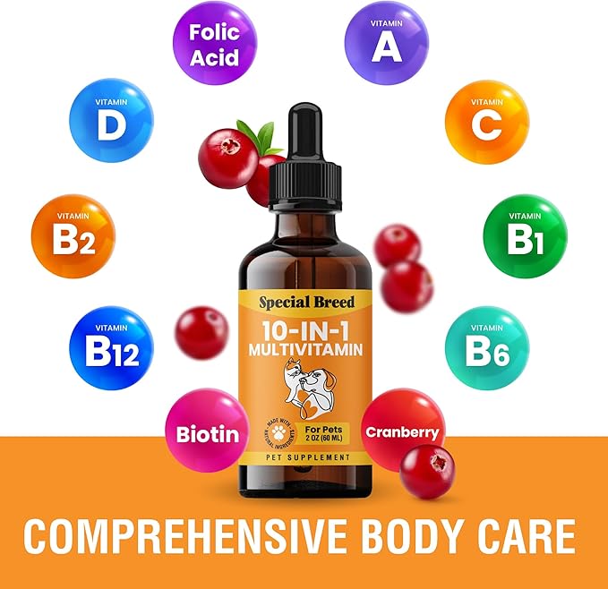10-in-1 Liquid Multivitamin for Dogs and Cats, 2 Ounce Multi Vitamin Supplement, Vitamin for Dogs, Vitamins for Cats, with Glucosamine & Cranberry, 2 oz
