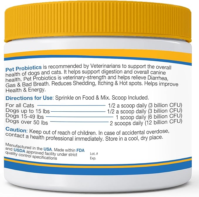 Probiotics for Dogs and Cats - Advanced Max-Strength Digestive Health, Increase & Maintain Proper Gut Flora- All Natural Probiotics Powder - (Made in USA) 7.4 Oz (6 Billion CFU Per Scoop)