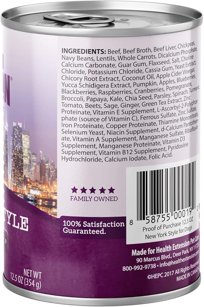 Health Extension Dog Food, New York Style Beef Recipe - 12.5 oz, Grain Free, Added Vitamins and Minerals, for All Life Stages, Vet Formulated, Improve Gut Health, Immune Support (Case of 12 Cans)