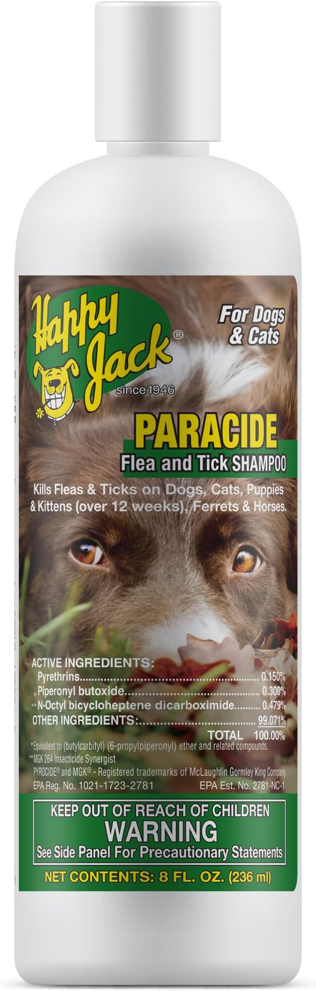 Happy Jack Paracide Flea & Tick Shampoo for Dogs, Dog Flea and Tick Treatment, Flea and Tick Prevention for Cats, 8 oz