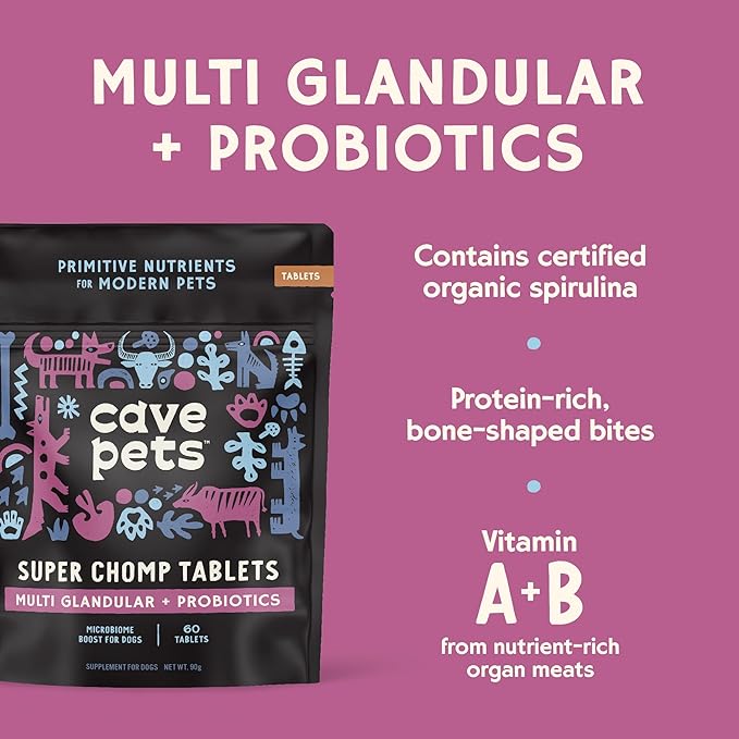 Super Chomp Tablets, Dog Probiotic Supplement for Digestive Health, Multi-Glandular & Probiotics