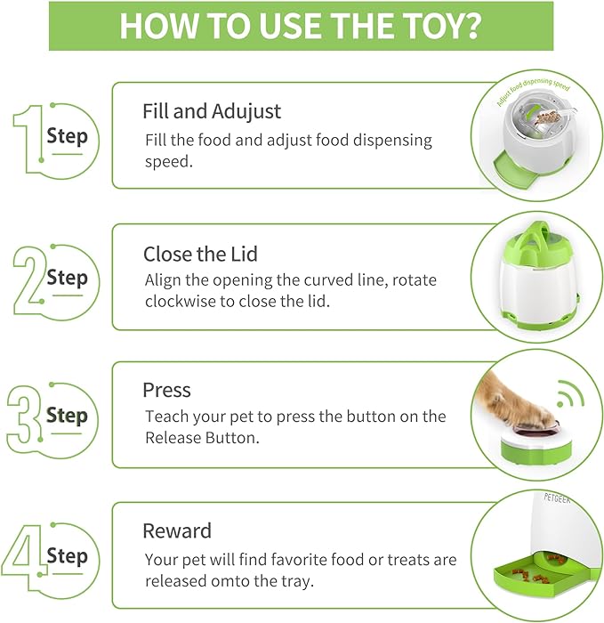 PETGEEK Treat Dispenser Dog Toys, Automatic Pet Feeder with Dual Power Supply and Remote Control, Dog Puzzle Toys and Interactive Dog Toys in One for Indoor or Outdoor Play(Green)