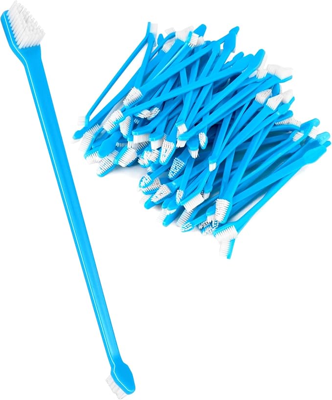 QWORK Double-Headed Pet Toothbrushes for Dogs and Cats, 8.66" Length, Soft Nylon Bristles, Blue, Dental Care Cleaning Kit for Pets, 200 Pcs