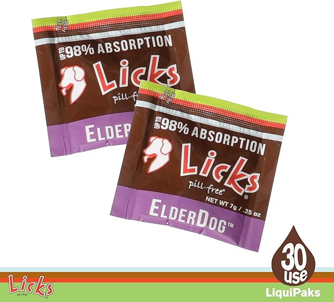 Licks Pill-Free ElderDog - Older Dog Vitamins and Supplements - Joint & Immune Support Supplements for Dogs - Dog Coat & Digestion Supplement for Senior Dogs - Gel Packets - Roasted Chicken, 30 Use